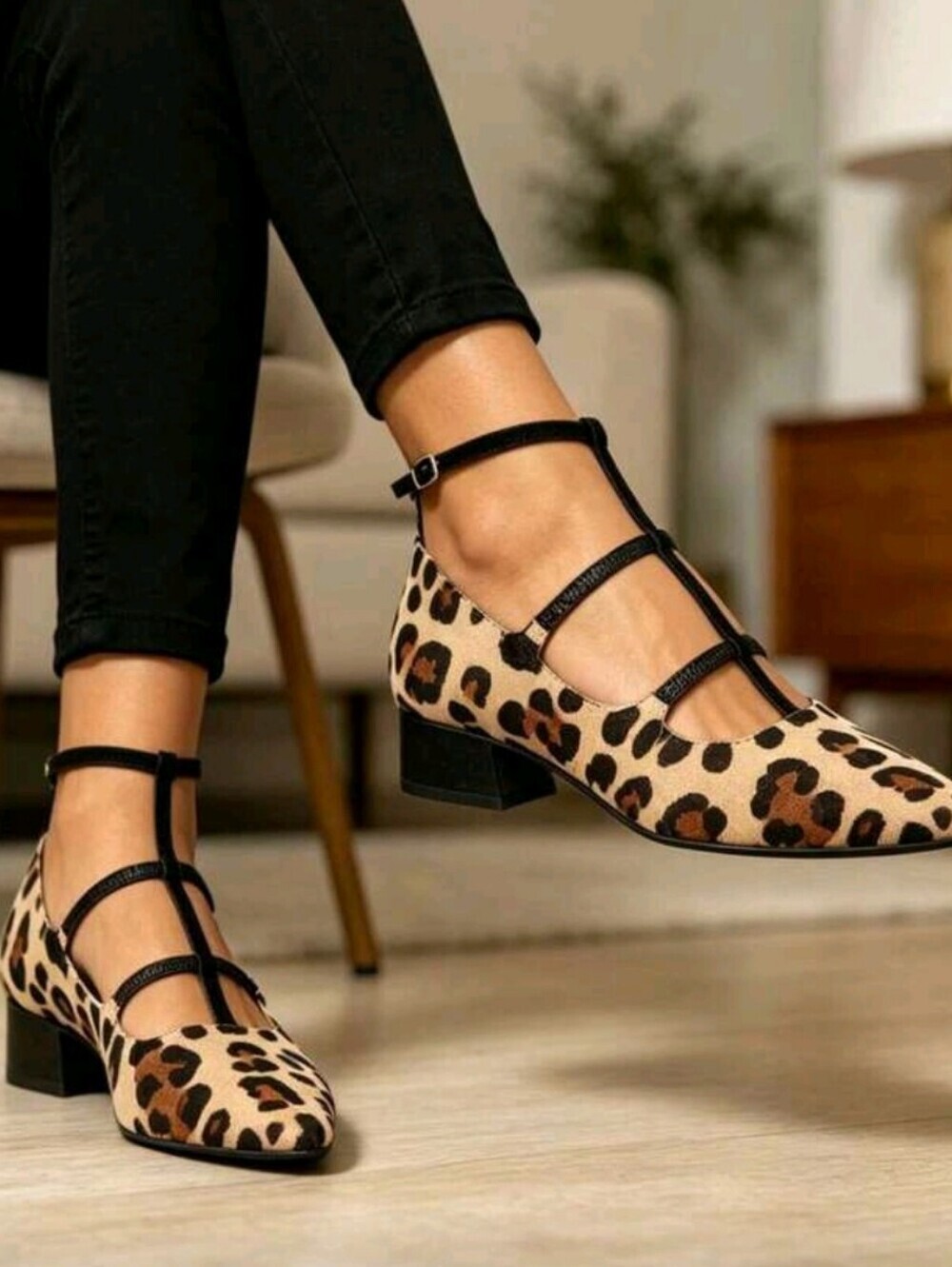 Leopard Print Chunky Heels Sandals For Women Pointed Toe,Breathable&Comfortable, - Picture 3 of 5